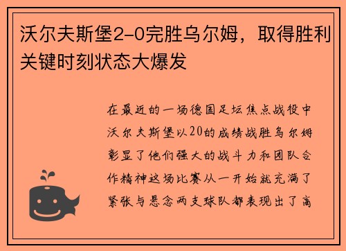 沃尔夫斯堡2-0完胜乌尔姆，取得胜利关键时刻状态大爆发